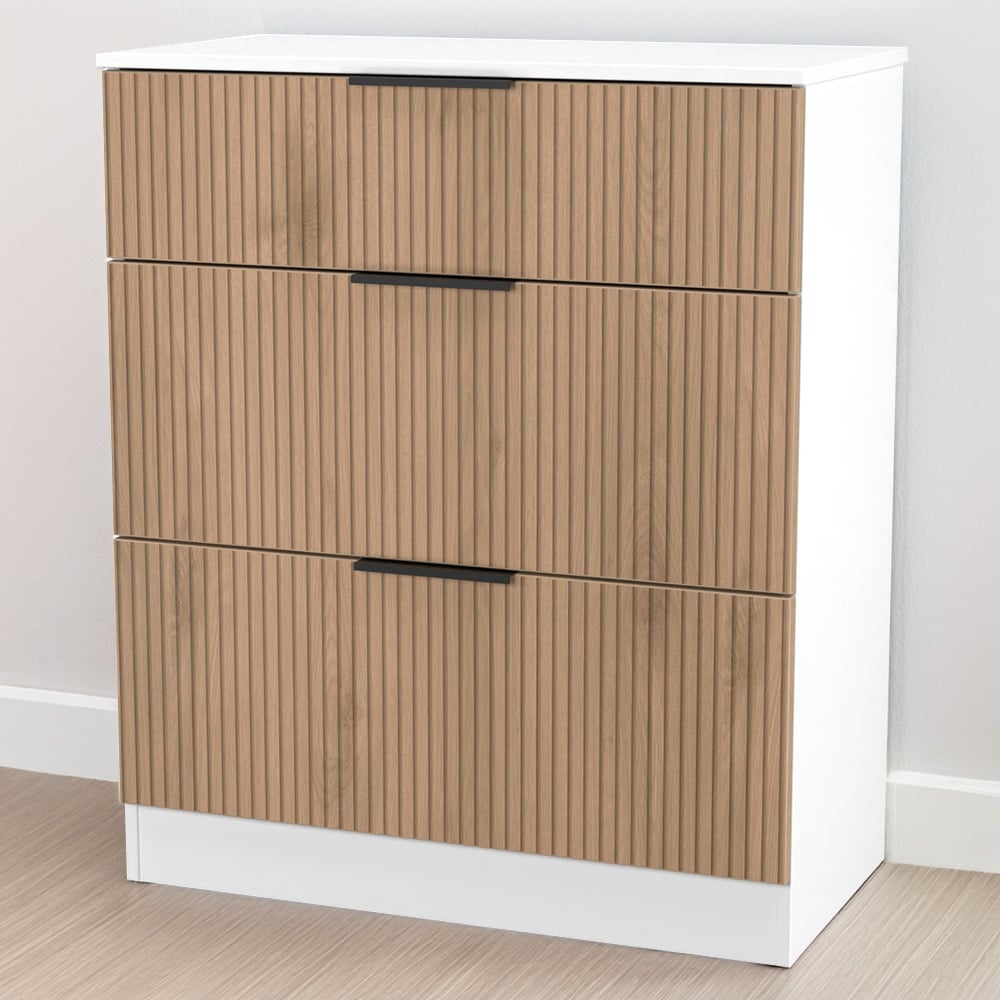 Crowndale Java 3 Drawer Slatt Effect and White Deep Chest of Drawer Image 1