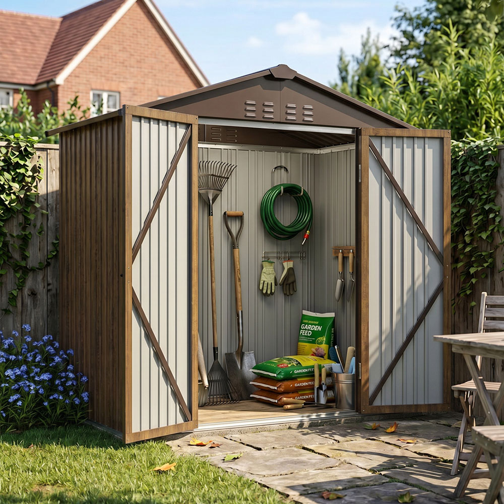 Living and Home 4 x 6ft Brown Metal Apex Garden Storage Shed Image 2