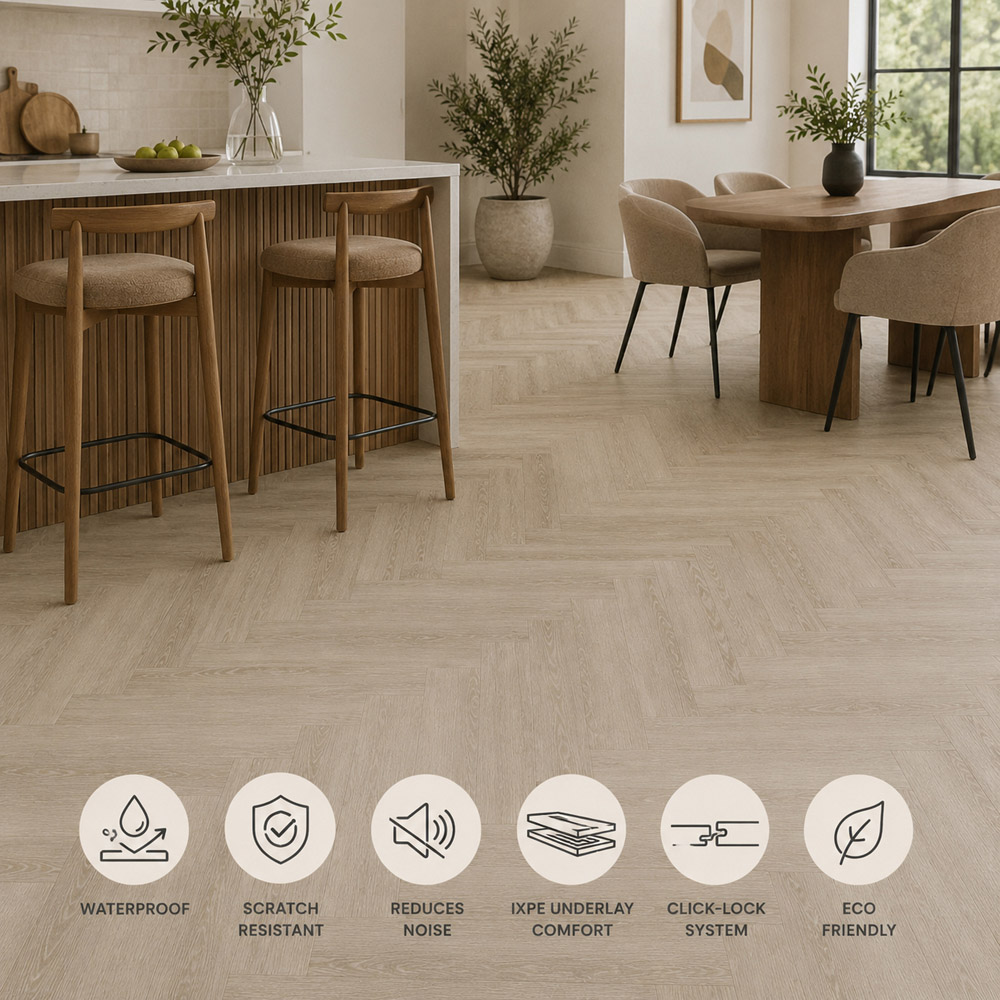 Britwall Butternut Beige Herringbone Wood-Embossed SPC Vinyl Flooring 625 x 125mm 20 Pack Image 4