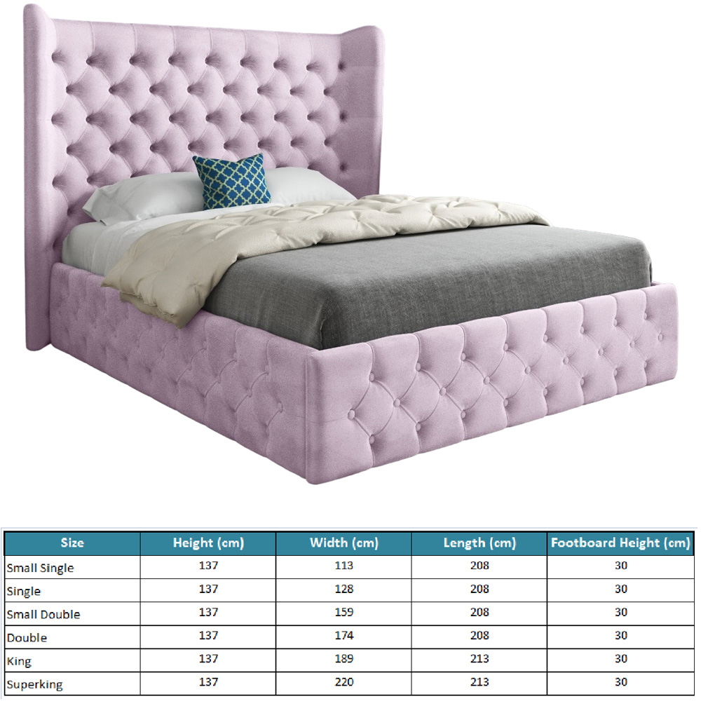 Florence Pink Small Double Velvet Upholstered Bed Frame with Wide Winged Chesterfield Headboard Image 7
