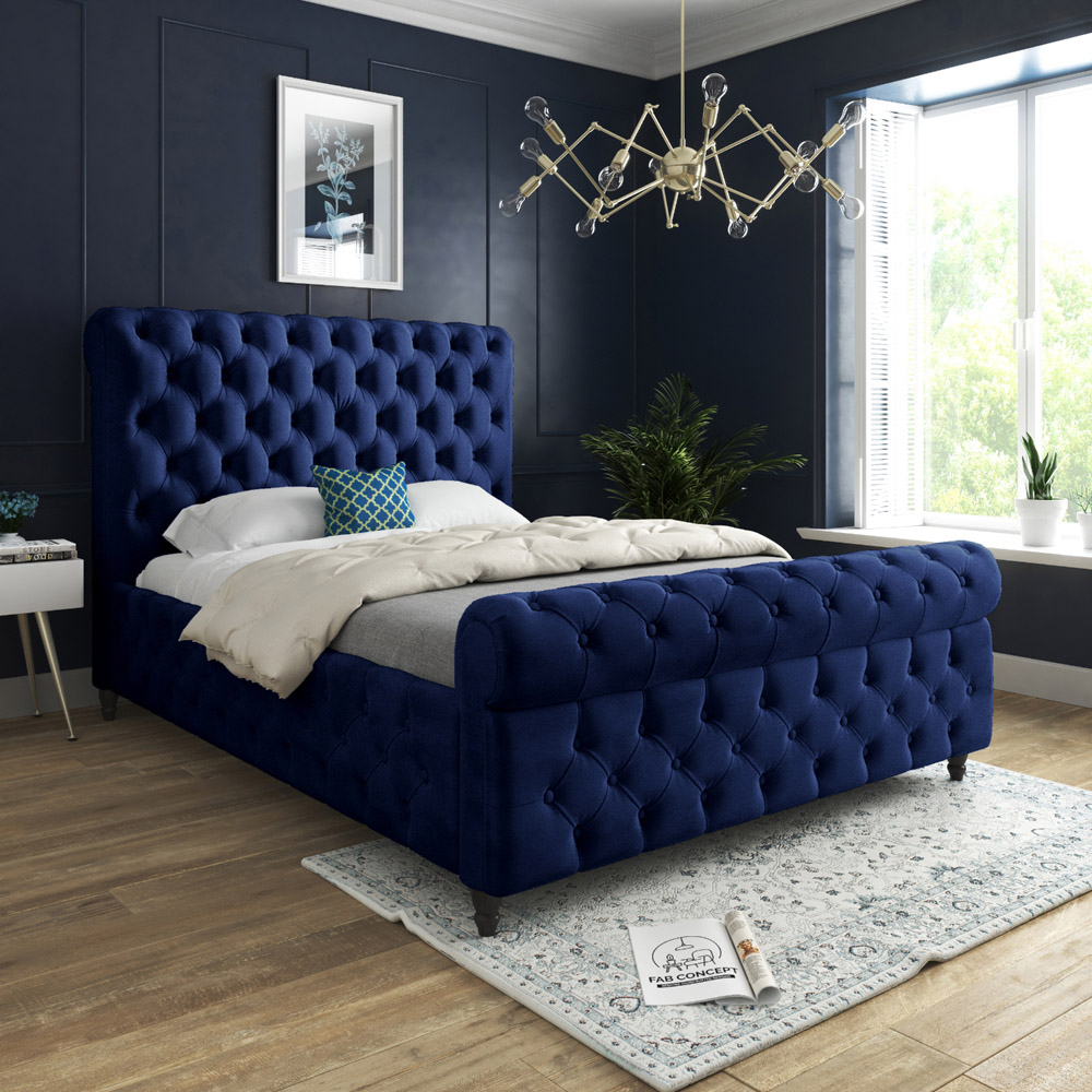Savana King Size Blue Soft Velvet Upholstered Sleigh Bed Frame with Scrolled Headboard Image 5