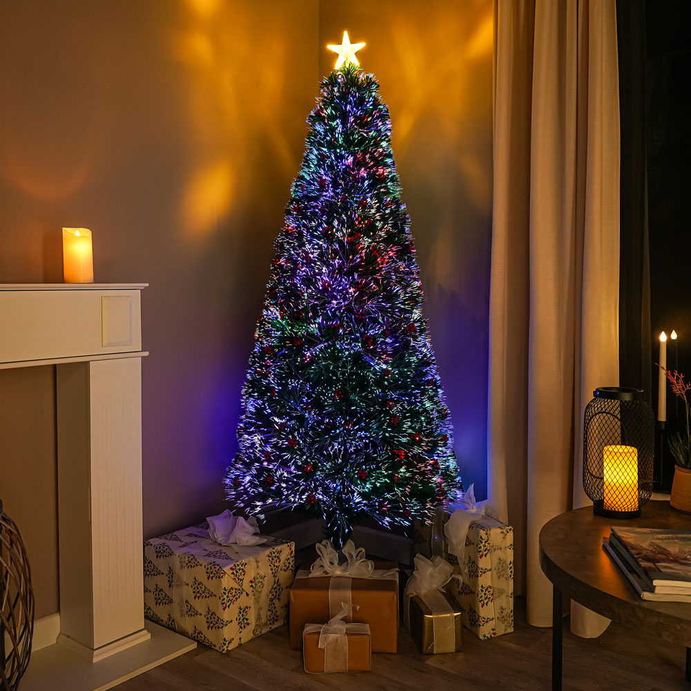 The Christmas Centre Warm White LED Green Fibre Optic Artificial Xmas Tree with Berries 6ft Image 9