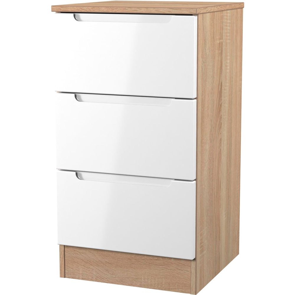 Crowndale Milan 3 Drawer White Gloss and Bardolino Oak Bedside Cabinet Ready Assembled Image 2