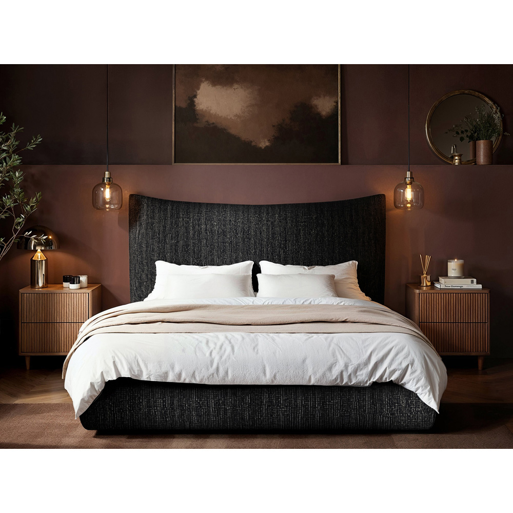 SOLACE+CO Miller King Size Black Chenille Bed Frame with Curved Headboard Image 5