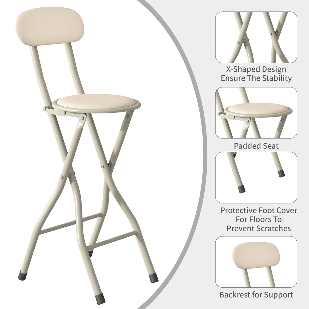 Set of 2 Beige Padded Folding Bar Stool Image 3