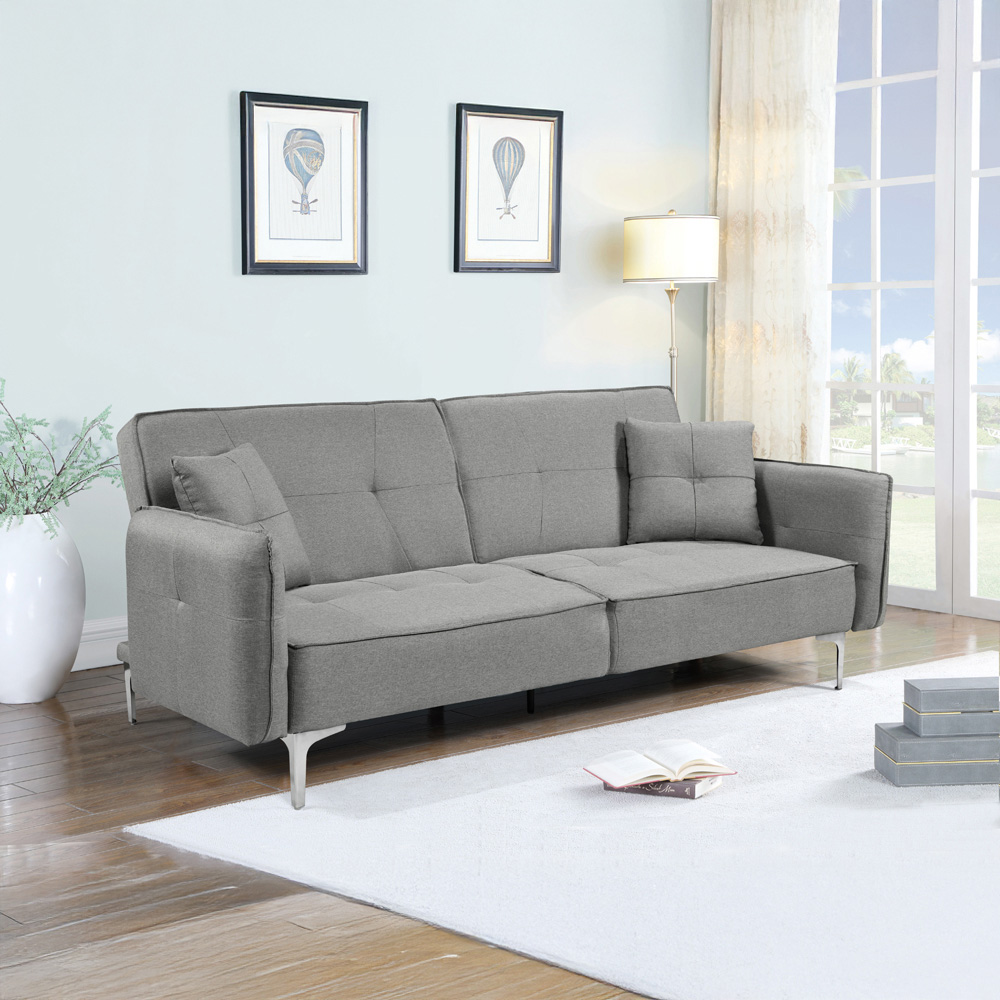 Comfy Living 3 Seater Grey Linen Sofa Bed with 2 Cushions Image 7