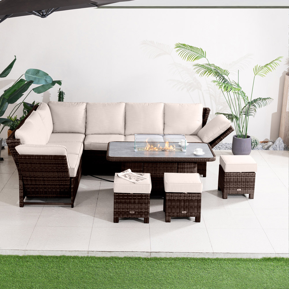 Direct Wicker Brown 8 Seater Rattan Garden Corner Sofa Set with Rising Fire Pit Table and Ottomans Image 3