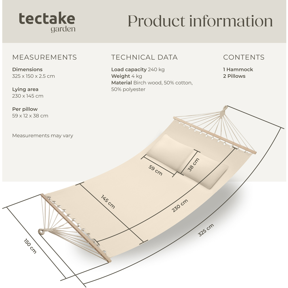 tectake Eden 2 Seater Beige Hammock with Support Bars Image 8