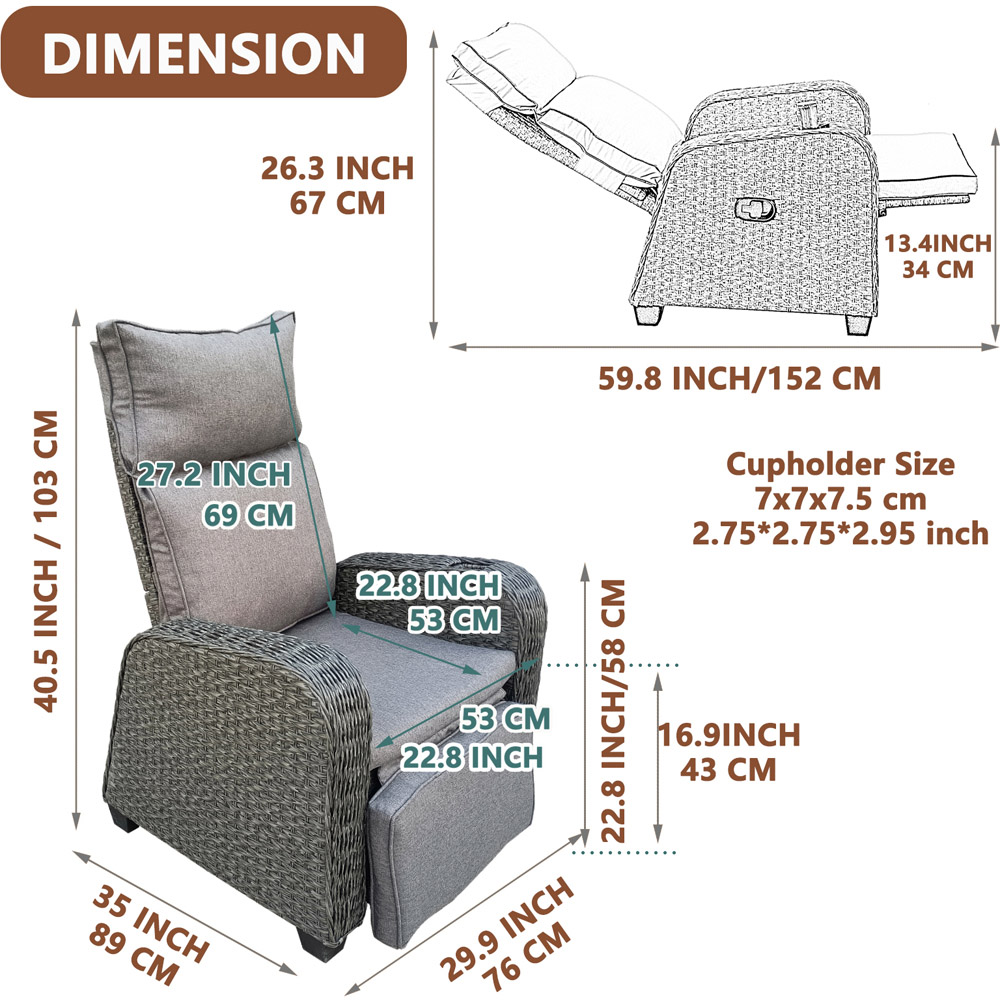 Furniture One Grey Rattan Patio Recliner with Soft Cushion Image 6
