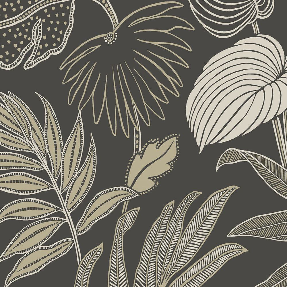 Grandeco Kew Botanical Leaves Blown Vinyl Textured Black Wallpaper Image 3
