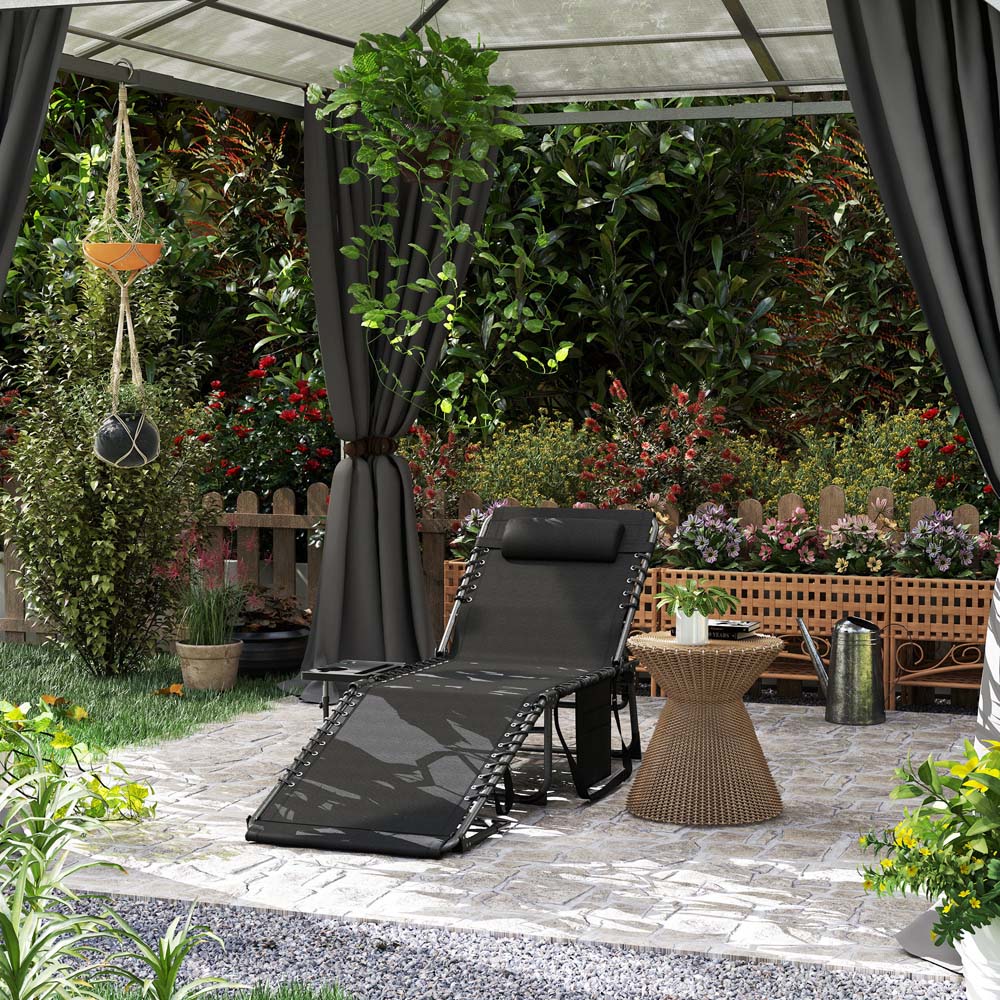 Outsunny Black 5 Level Adjustable Folding Sun Lounger with Side Table Image 3