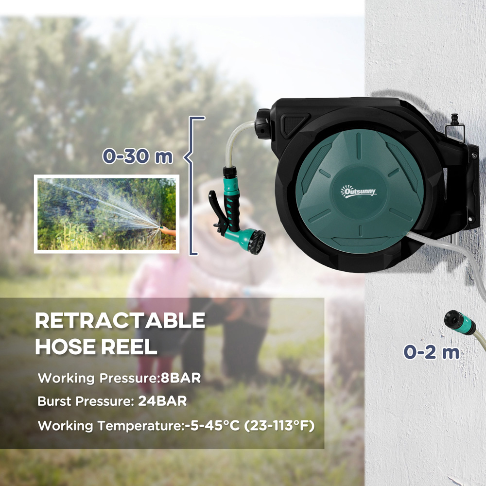 Outsunny Green Retractable Hose Reel Wall Mounted with Lock 30m Image 8