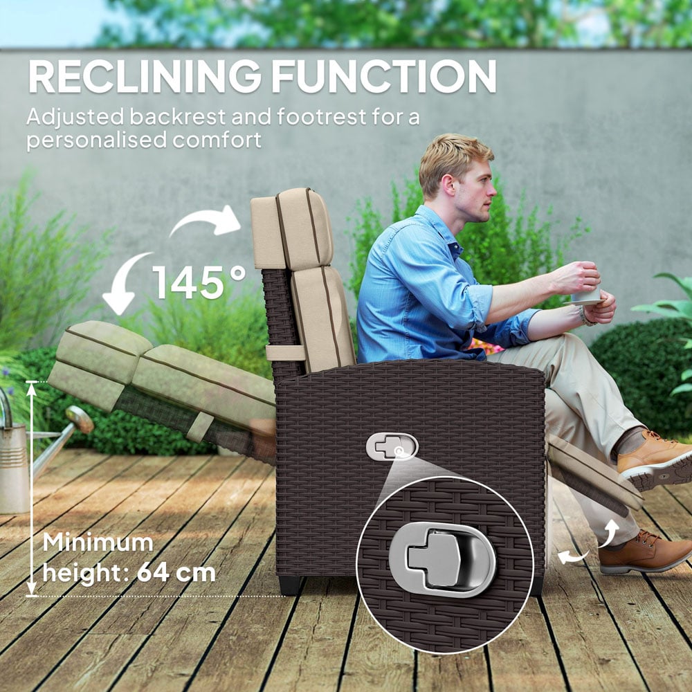 Outsunny Dark Brown and Khaki Rattan Garden Recliner Sun Lounger with Flip Table Image 4