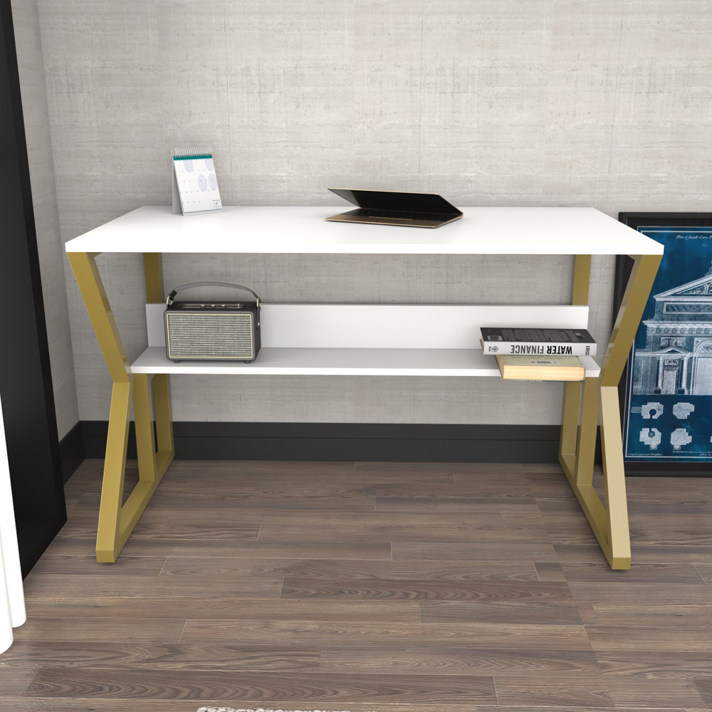 Decorotika Wake Single Shelf Computer Desk Gold and White Image 4