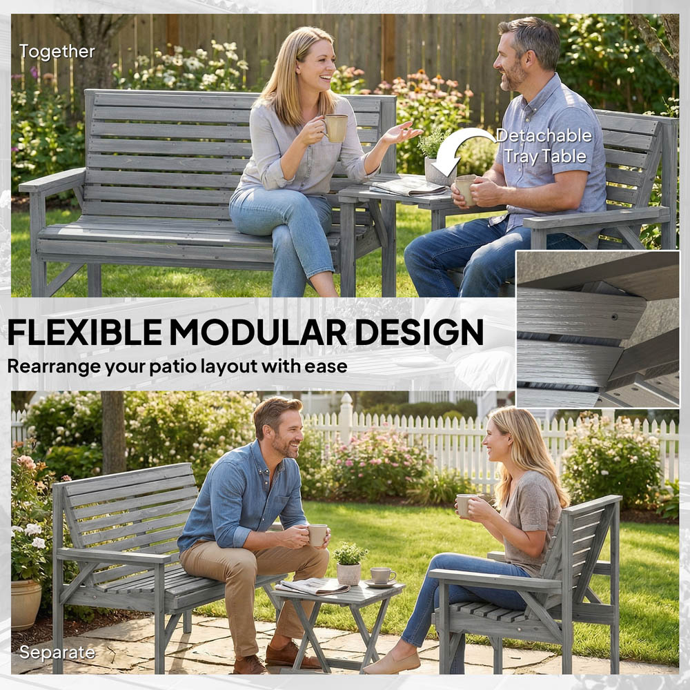 Outsunny 3 Seater Grey Wooden Detachable Table Garden Companion Set with Parasol Hole Image 4