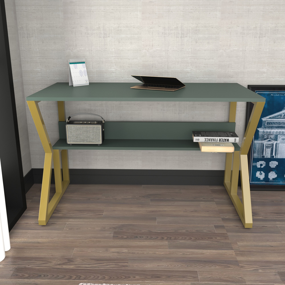 Decorotika Wake Single Shelf Computer Desk Green and Gold Image 6