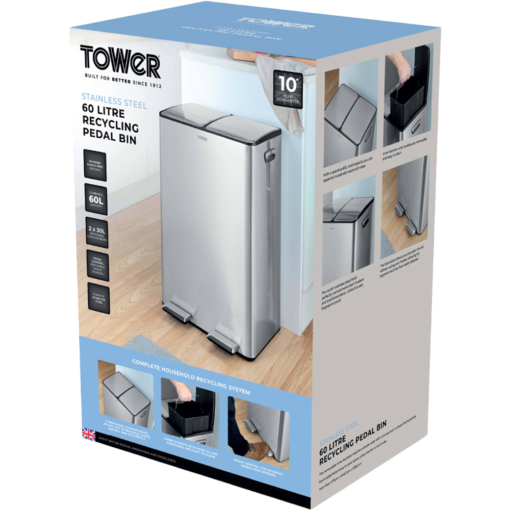 Tower Double Recycling Silver Pedal Bin 60L Image 2