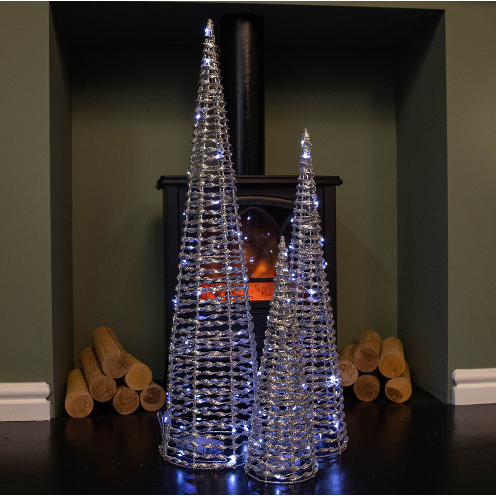 Samuel Alexander Cool White LED Pre Lit Silver Glitter Twist Cone Christmas Tree Set of 3 Image 6