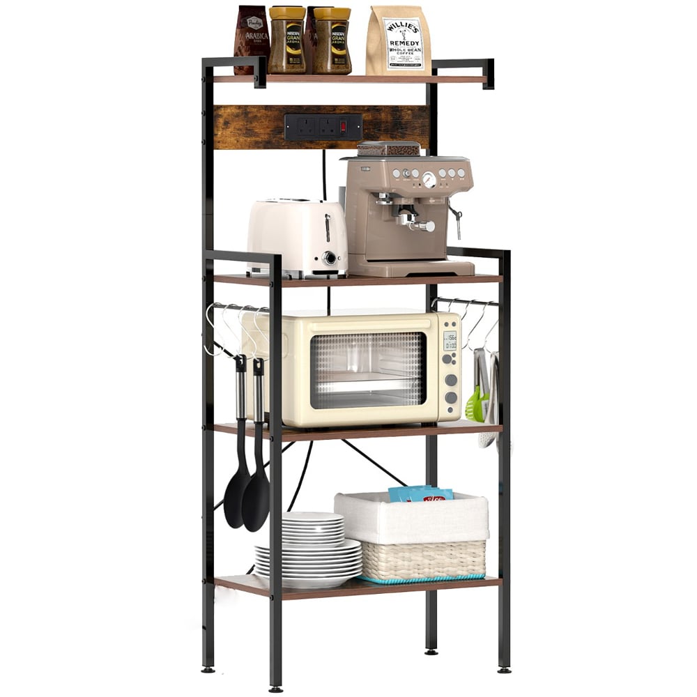 Costway 4 Tier Rustic Brown Kitchen Bakers Rack with Power Outlet and S Hooks Image 3