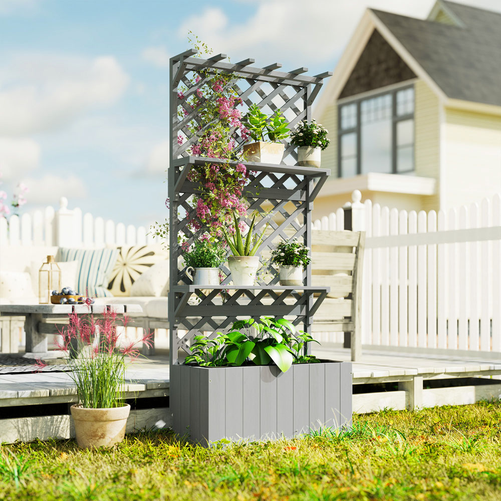Outsunny 52L 2 Shelf Grey Wooden Raised Garden Bed with Trellis 177 x 33 x 76cm Image 4