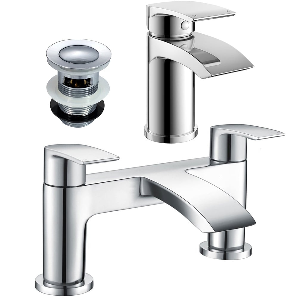 Nes Home Libra Waterfall Chrome Bath Filler Tap and Basin Mixer Tap with Waste Image 1