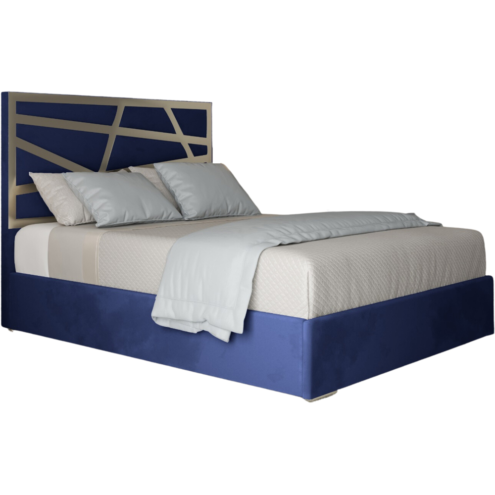 Arabella Blue Double Velvet Upholstered Metal Bed Frame with Panelled Headboard Image 2