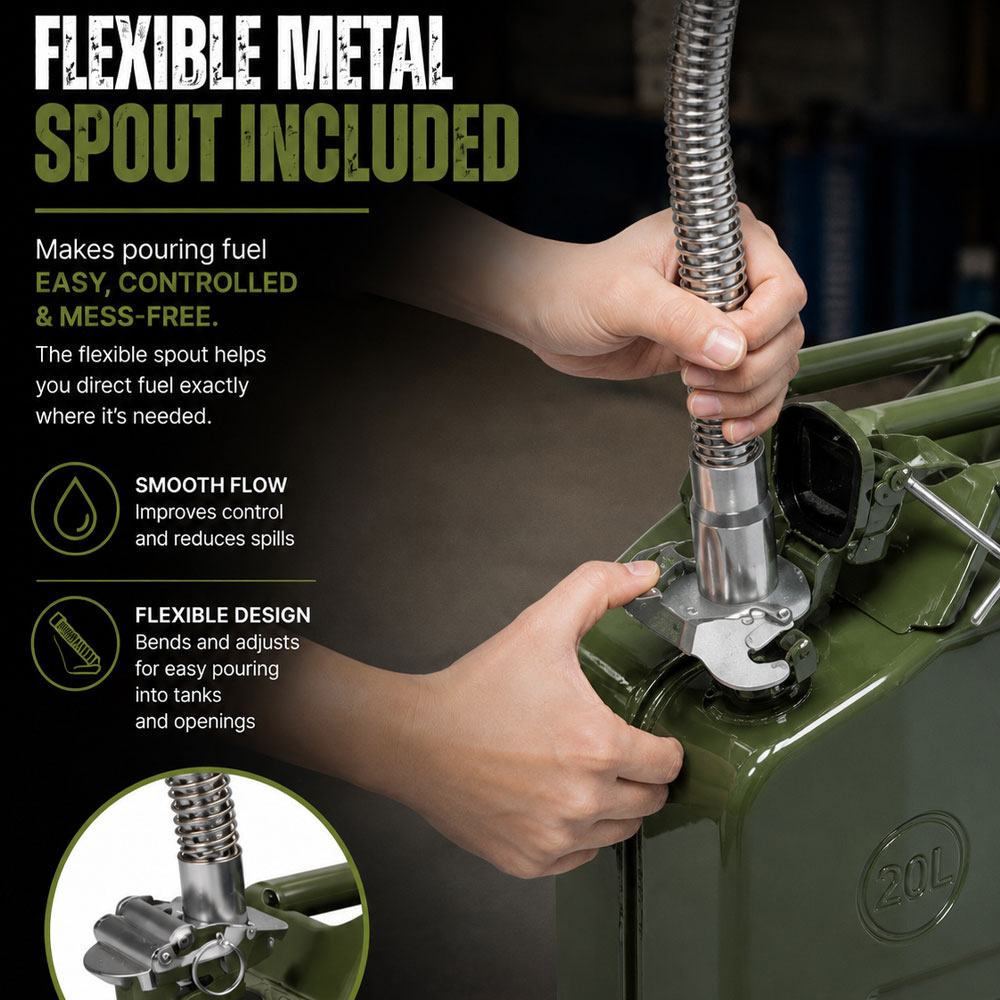 Autojack JC20L 20L Green Steel Heavy-Duty Triple Handle Jerry Can with Flexible Spout Image 4