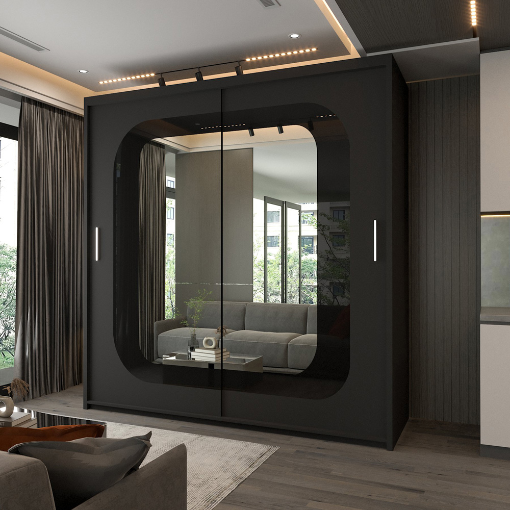 Sliding Wardrobes 4U Chelsea 2 Door Black Central Curved Mirrored Wardrobe Image 3