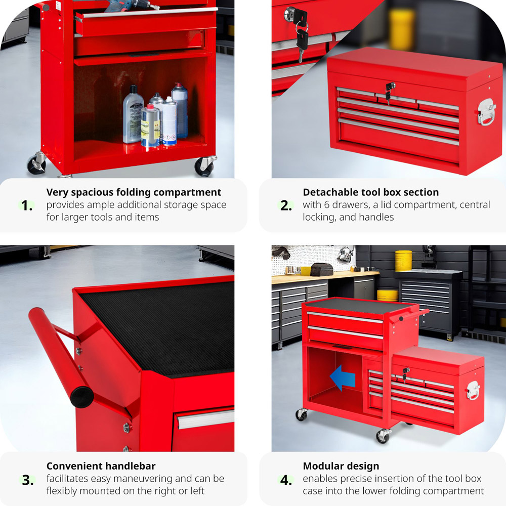 tectake 8 Drawer Red Tool Chest of Drawers with Wheels Image 4