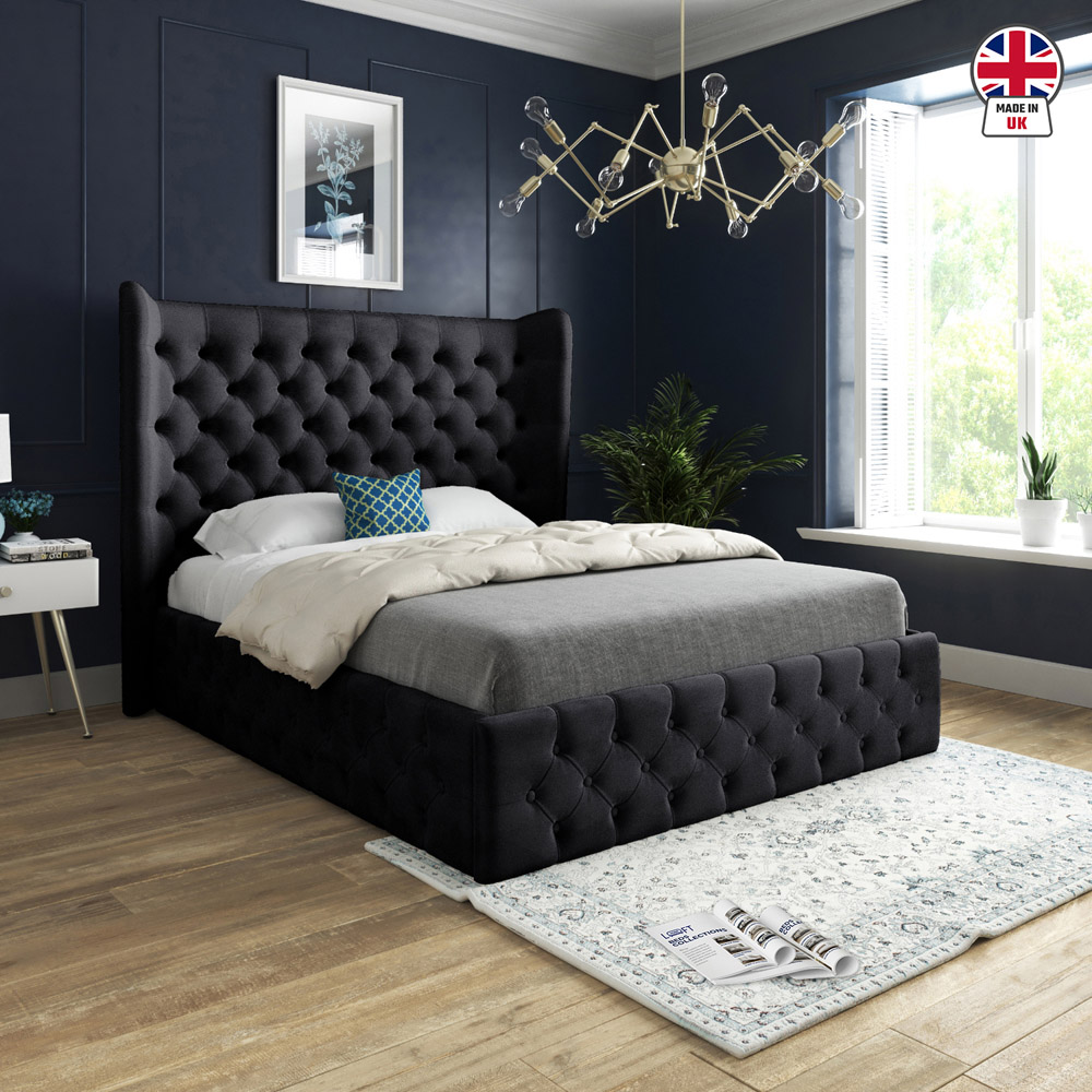 Florence Black Single Velvet Upholstered Bed Frame with Wide Winged Chesterfield Headboard Image 6