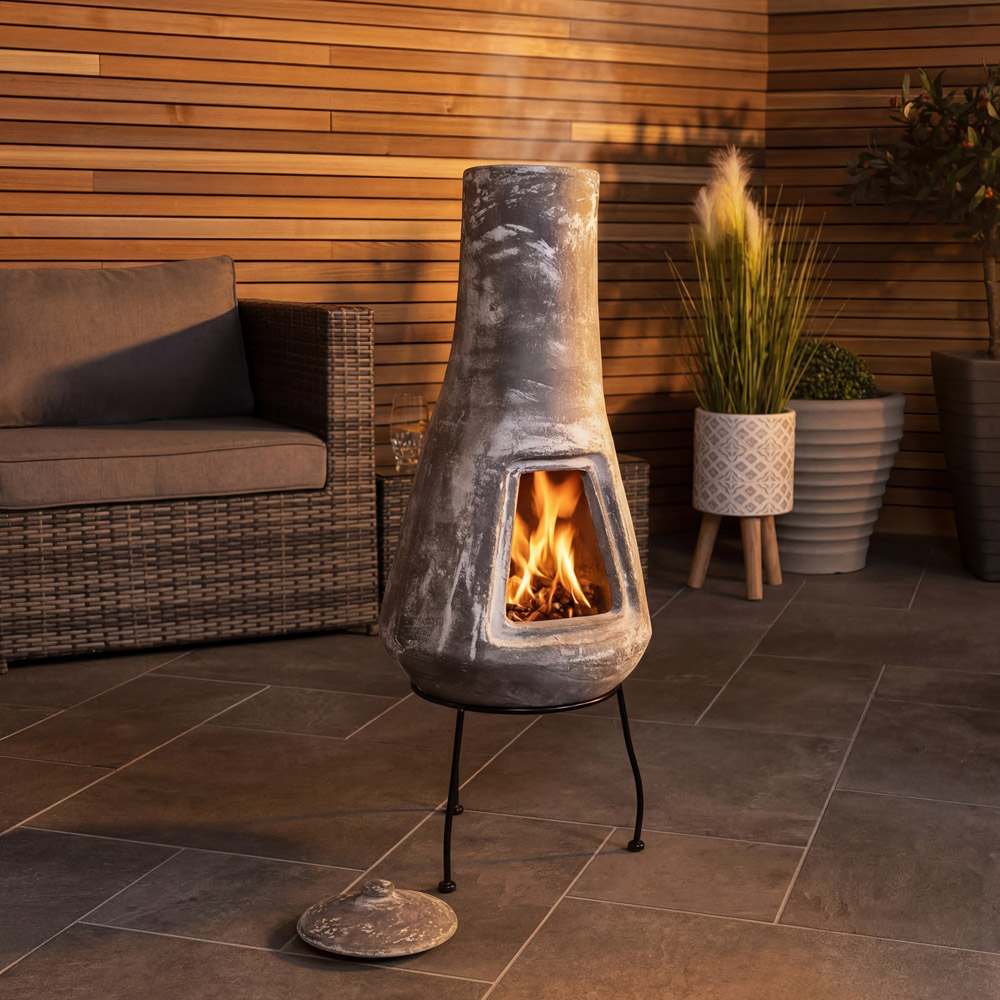 Snug Barcelona Grey Slender Design Medium Clay Chiminea with Lid and Iron Stand Image 7