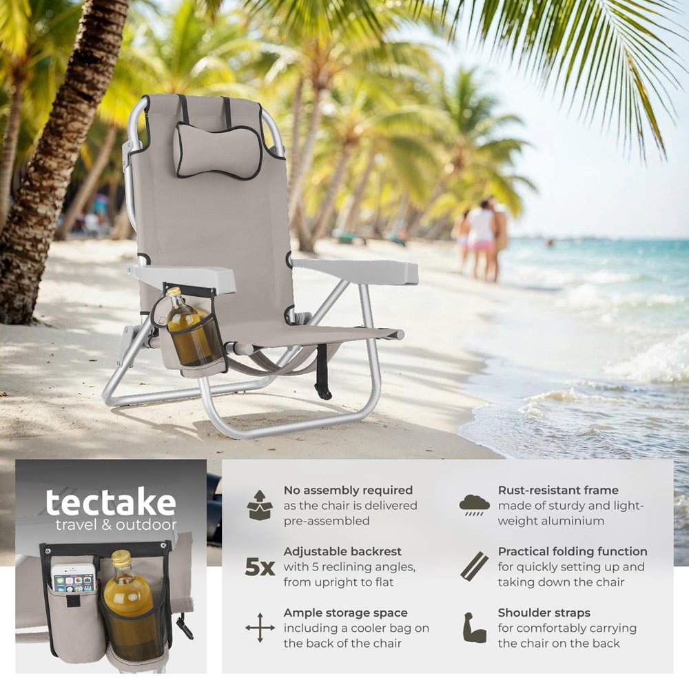 tectake Coral Set of 2 Beige Foldable Beach Chair with Backpack Image 3