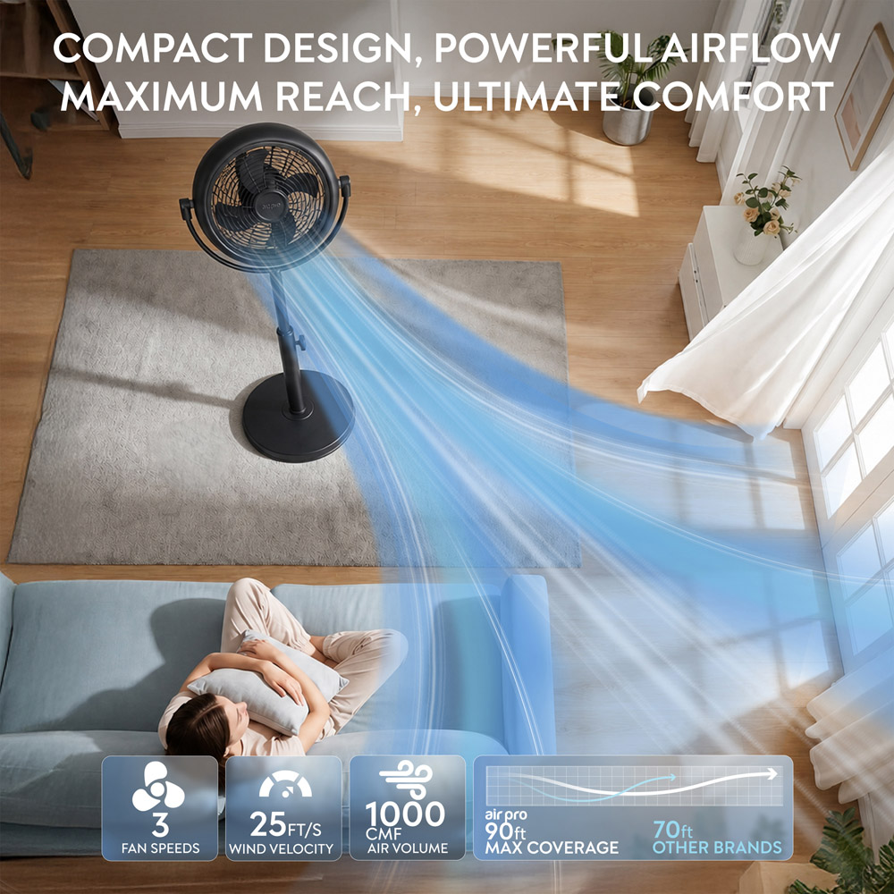 Air Pro Black Height Adjustable Oscillating Pedestal Standing Fan with Remote 8 inch Image 7