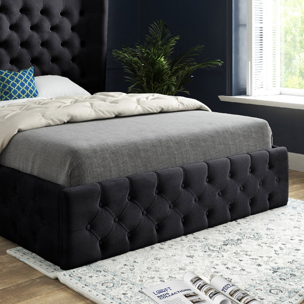 Florence Black Single Velvet Upholstered Bed Frame with Wide Winged Chesterfield Headboard Image 4