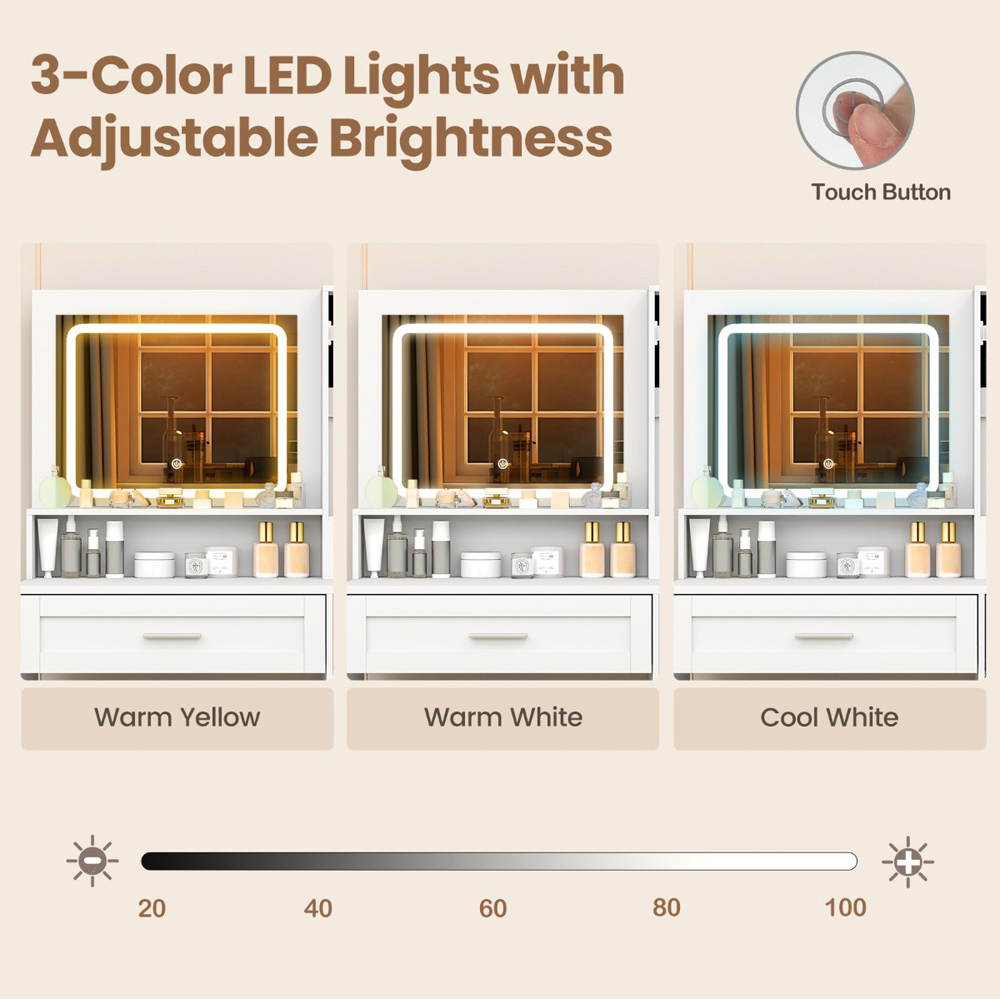 Costway Farmhouse White Dressing Table and Stool Set with Charging Station and LED Mirror Image 7