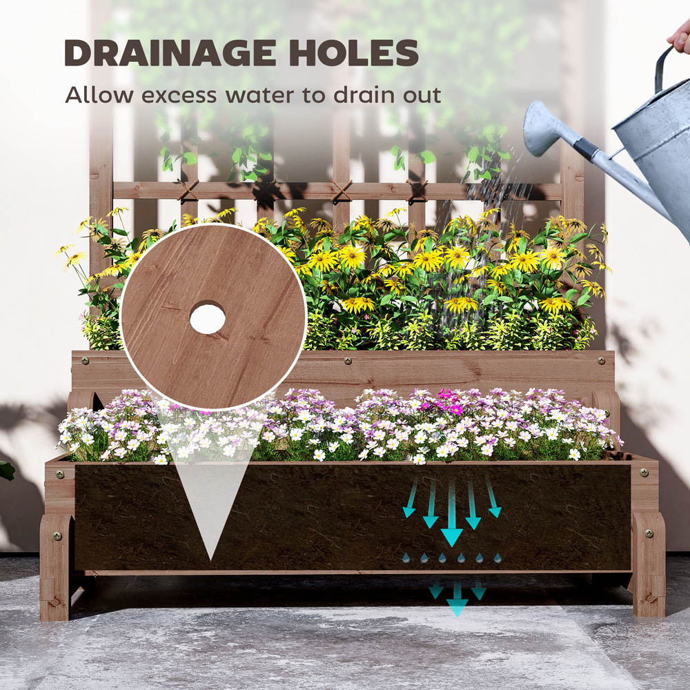 Outsunny 2 Tier Brown Wooden Raised Bed with Trellis Image 5