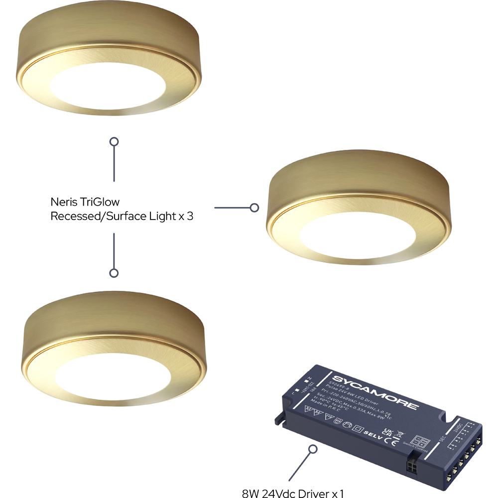 Sorrelis Neris TriGlow Brushed Brass Round 3 Cabinet Light Kit Image 3