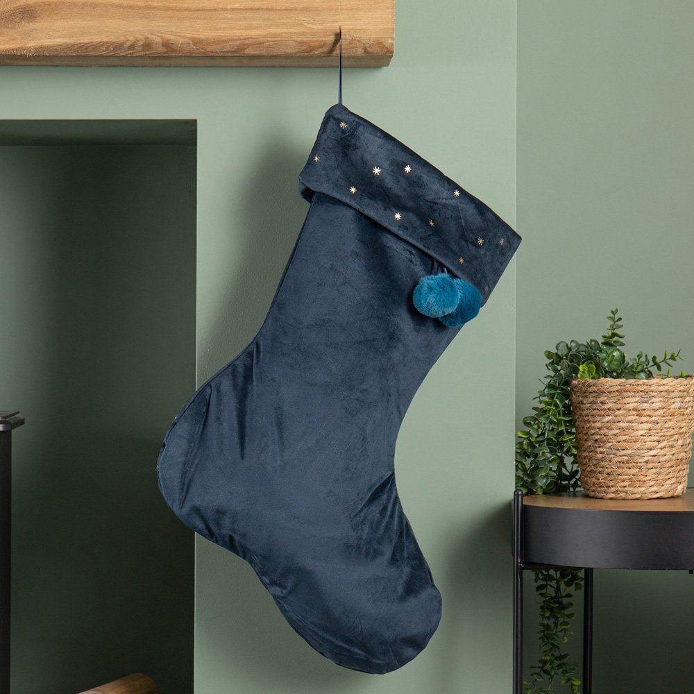 Samuel Alexander Dark Blue Velour Star Print Christmas Stocking with Pom Poms 70cm Image 3