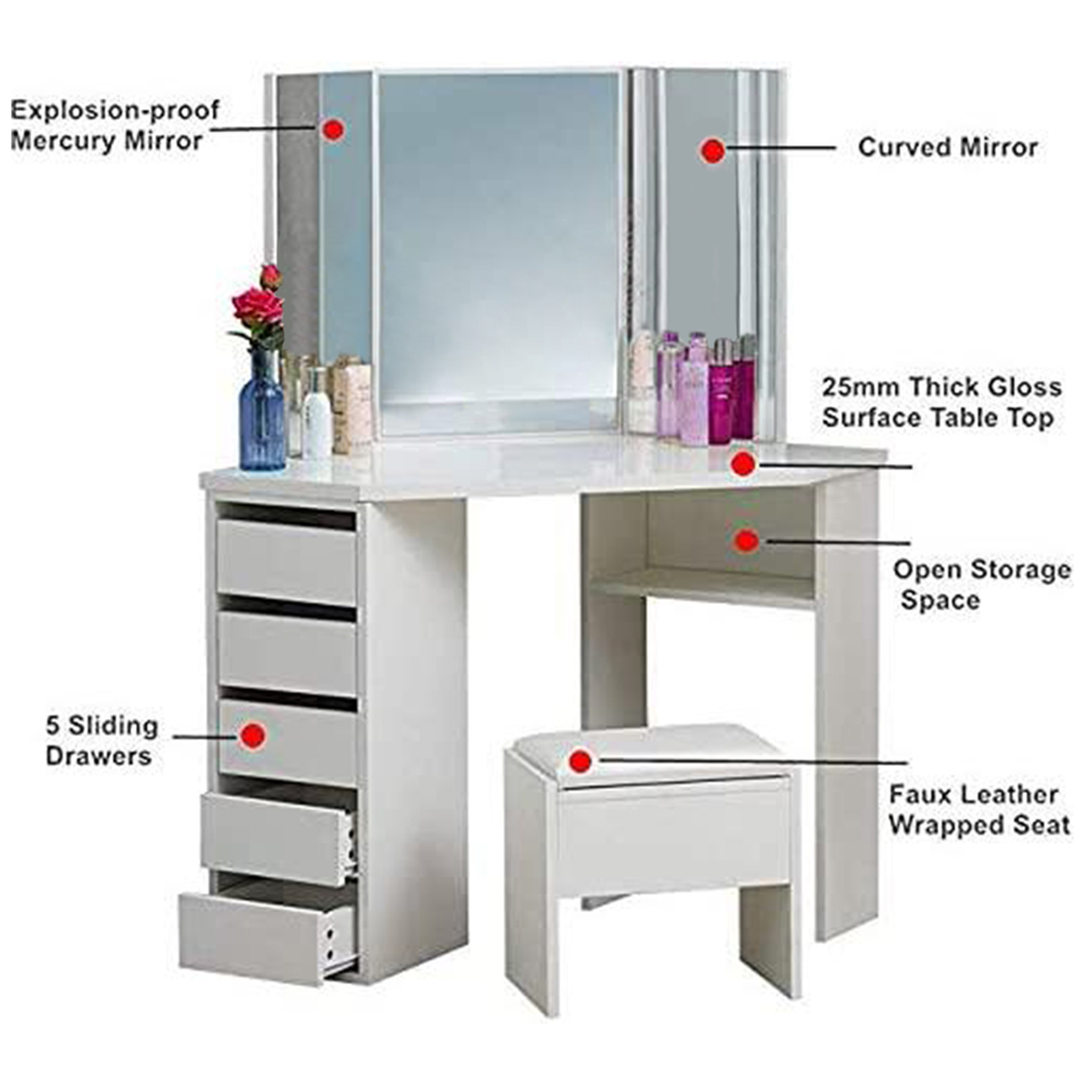 Portland 5 Drawer White Corner Dressing Table Set with Mirror Image 3