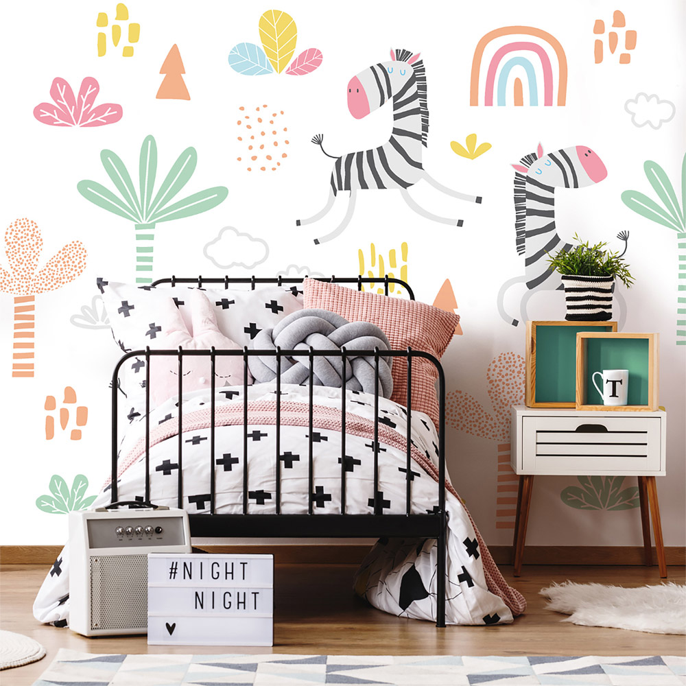 Origin Murals Dancing Zebras White Wall Mural Image 1