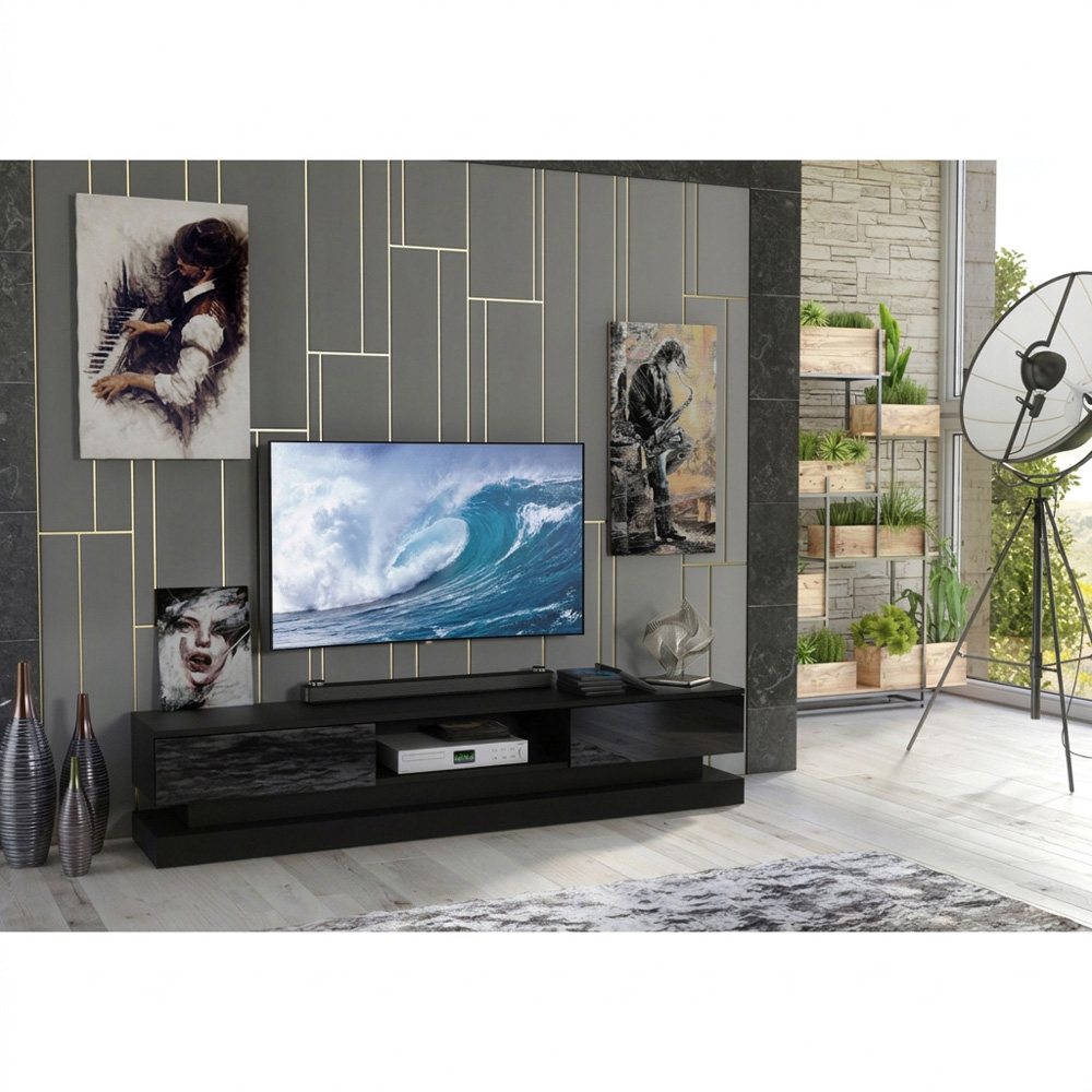 Creative Furniture Bloom Black and Black Gloss 2 Door Single Shelf TV Unit Image 5