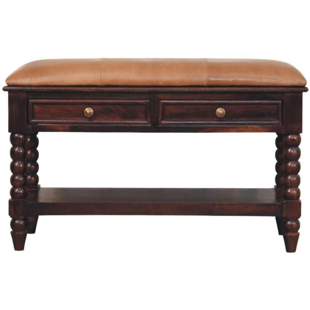 Artisan Furniture Spindle 2 Drawer Single Shelf Winewood Oak Leather Upholstered Solid Wood Bench Image 2