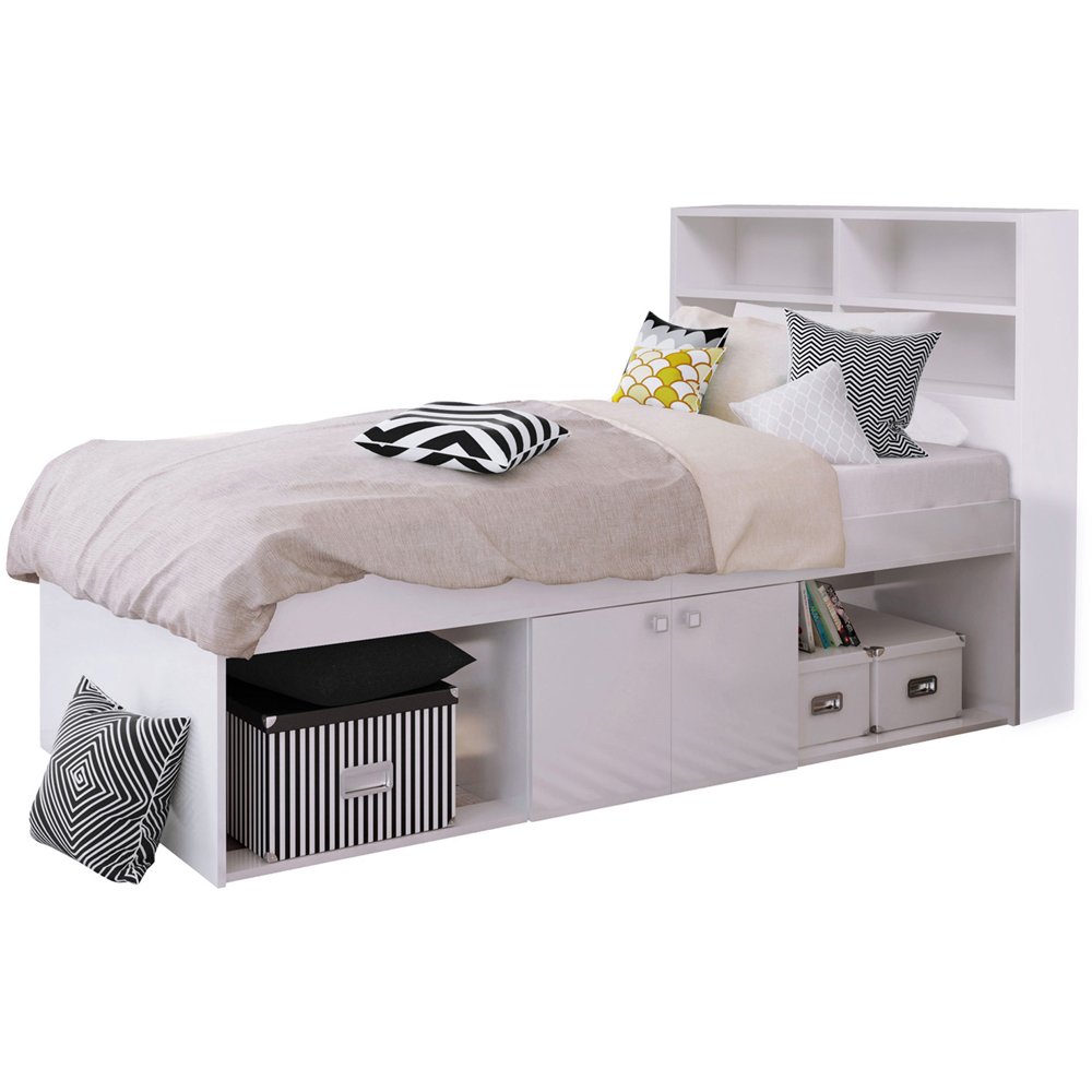 Kudl Single White Low Cabin Bed with Bookcase Headboard Image 2