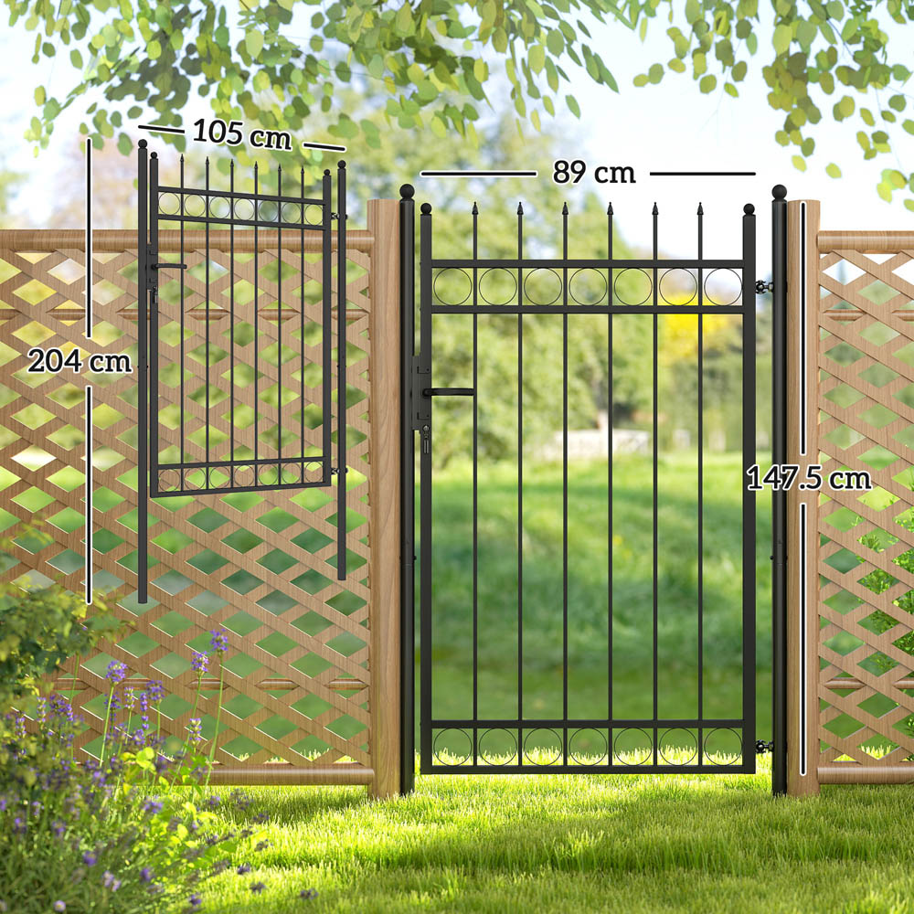 Outsunny 6.7 x 3.4ft Black Galvanised Steel Garden Fence Gate with Lock Image 9