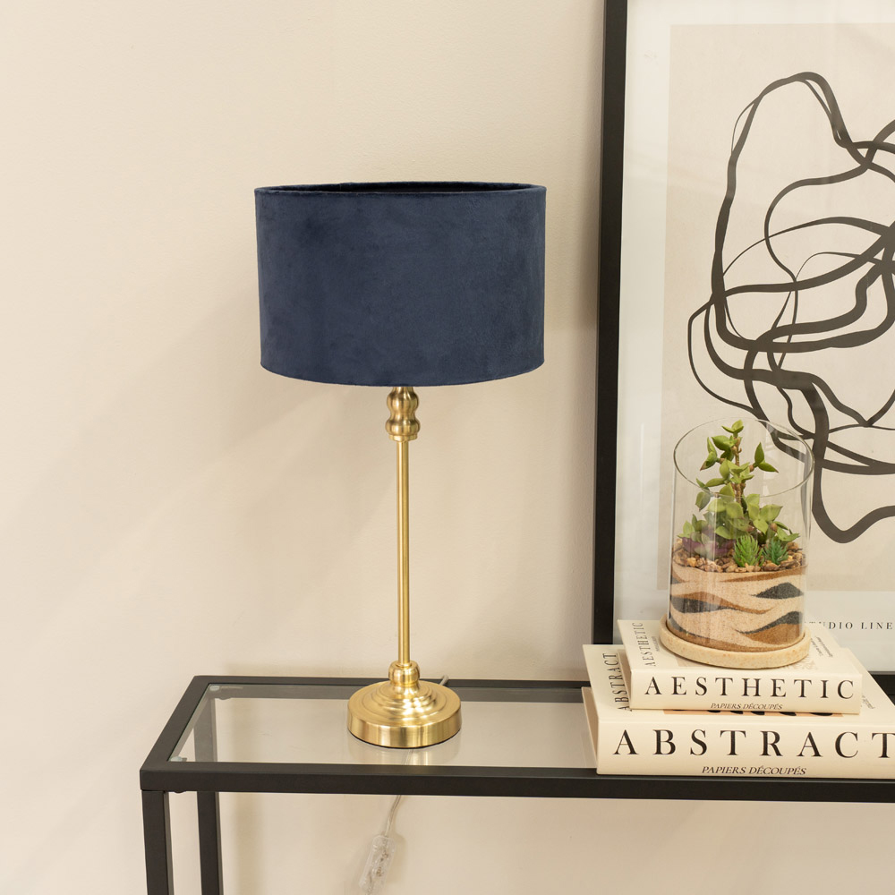 ValueLights Maggie Navy Blue Velvet and Gold Drum Shade Candlestick LED Table Lamp Image 3