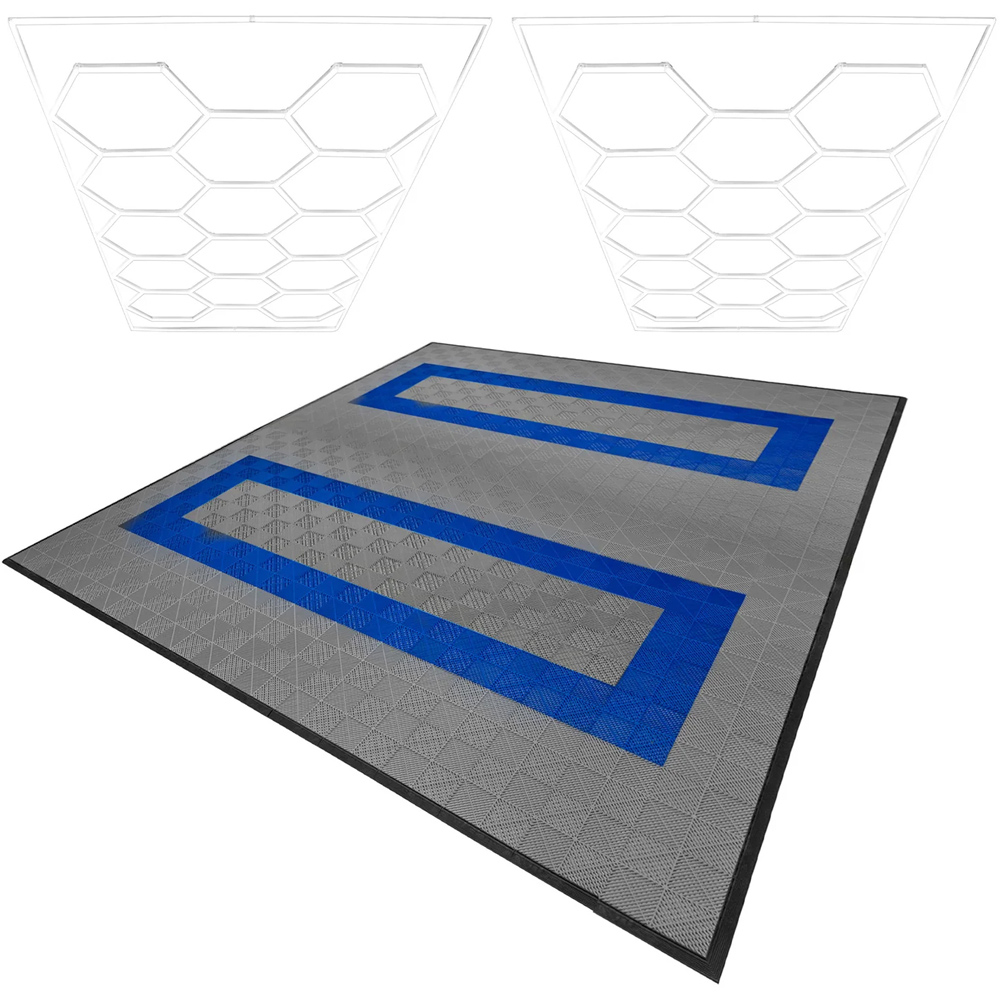 MonsterShop 165 Grey and 60 Blue Vented Garage Floor Tiles with Edges and 2 x 14 Hexagon LED Light Image 1