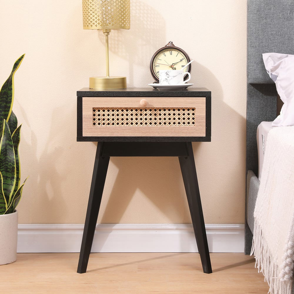 FurnitureHMD Single Drawer Black and Natural Rattan Weaving Side Table with Pine Wood Legs Image 7