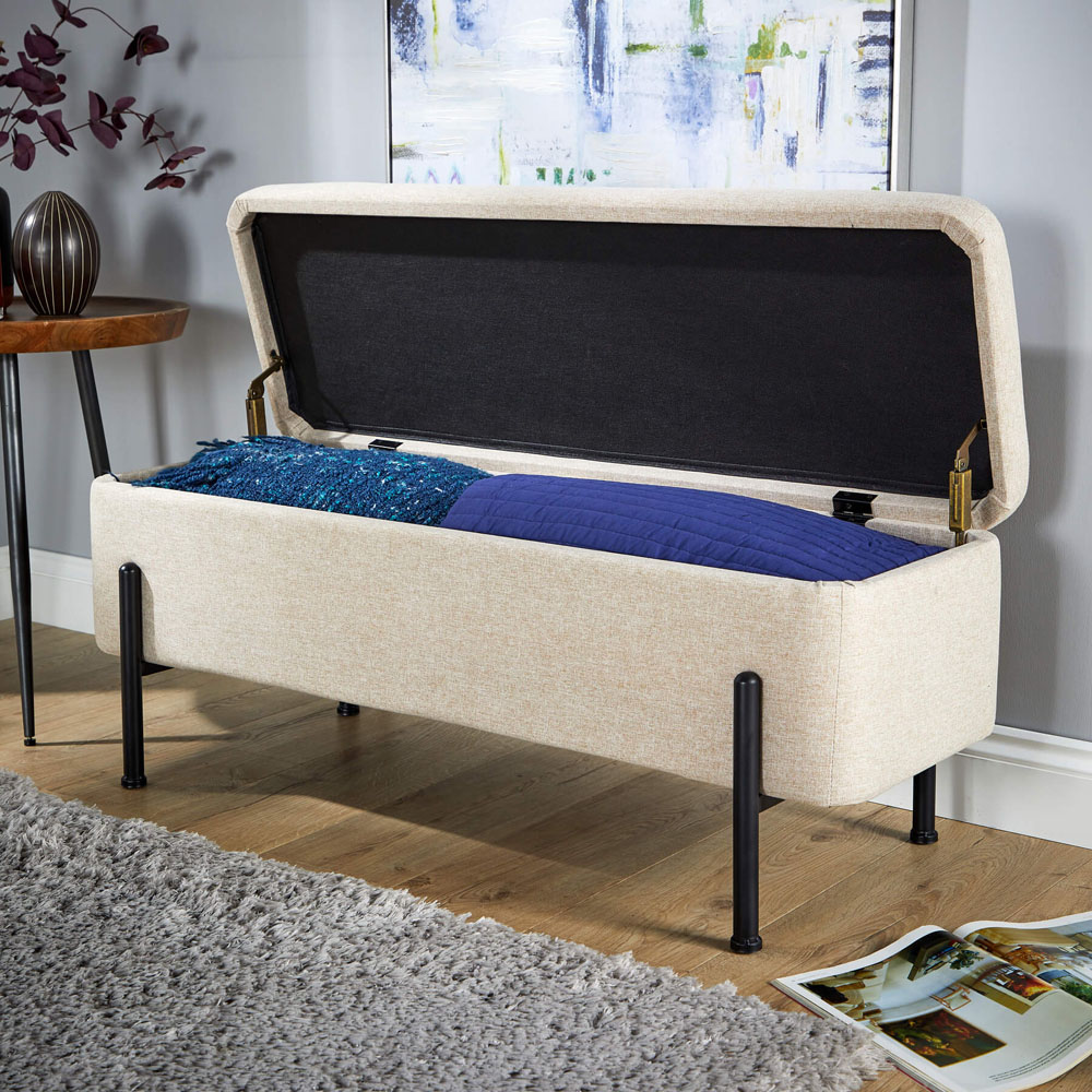 Home Source Oasis Off White Linen Storage Ottoman with Metal Legs Image 4