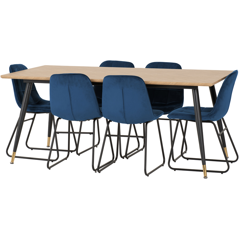 Seconique Hamilton Lukas Oak Effect Velvet 6 Seater Dining Table Set Sapphire Blue Image 3