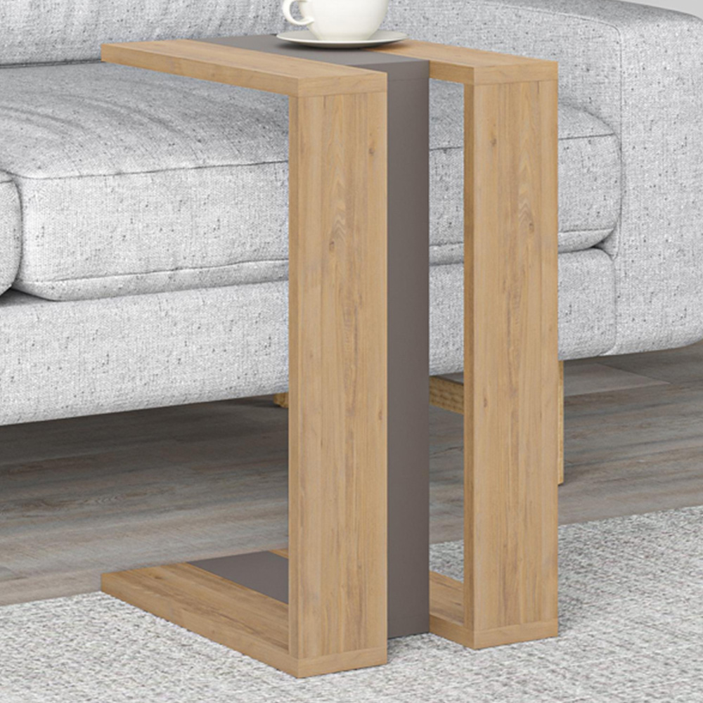 Decortie Muju Oak and Mocha Grey C Shape Side Table with Side Support Image 1